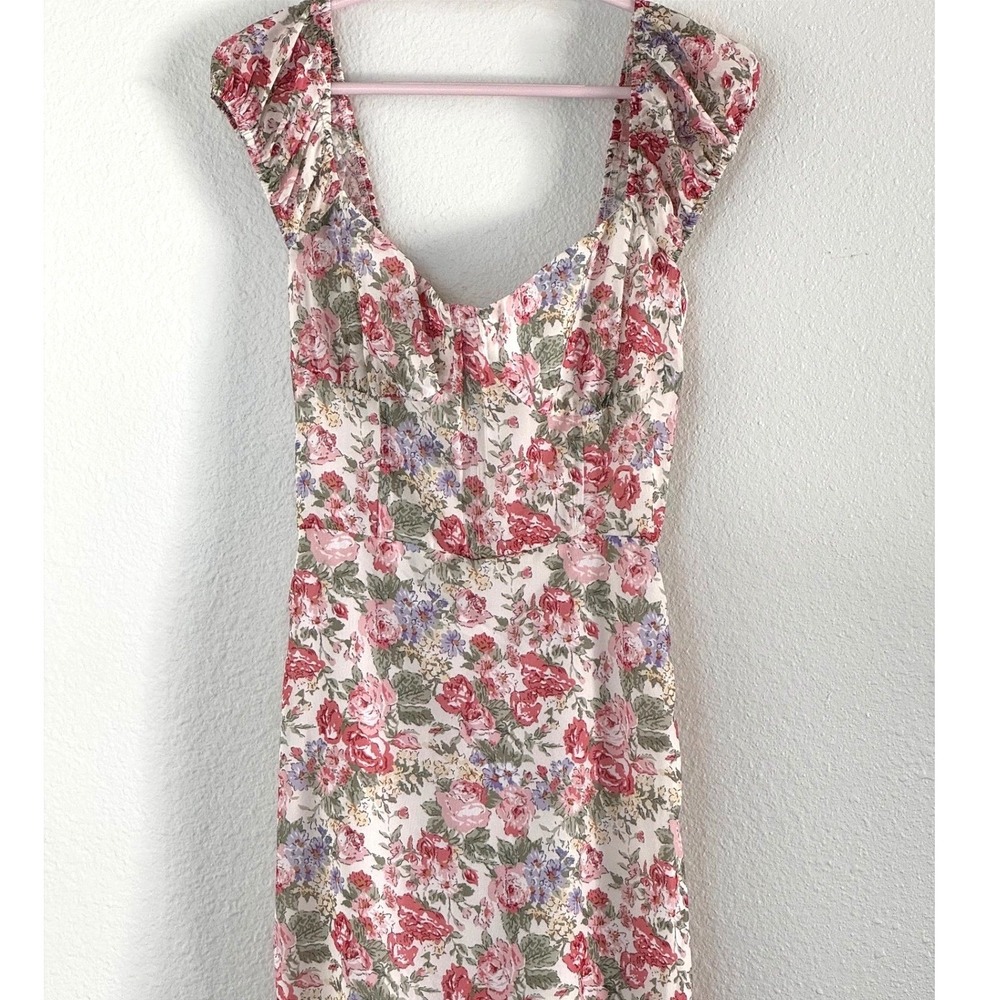 Sabo Floral Corset Midi Dress XS Pink Rose Ruched‎ Back Sweetheart Neck - Picture 3 of 8